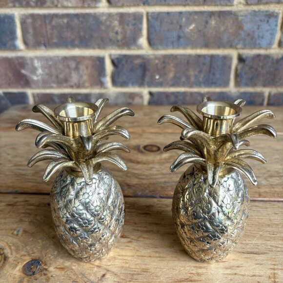 Vintage MCM Solid Brass Pineapple Candlestick Holders Set Of 2 - Picture 2 of 11